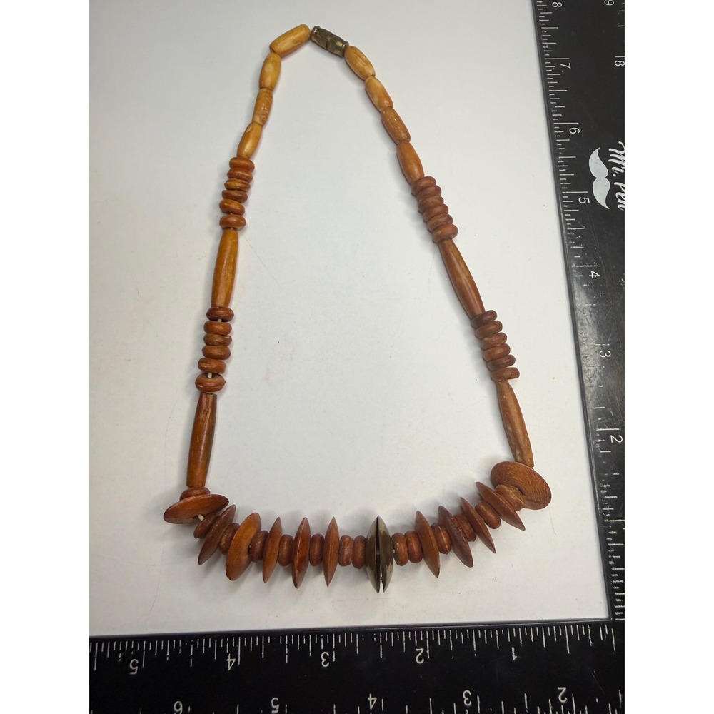 Handcrafted Wooden Bead Necklace Brass Accent Earthy Boho Brown 17 Inch